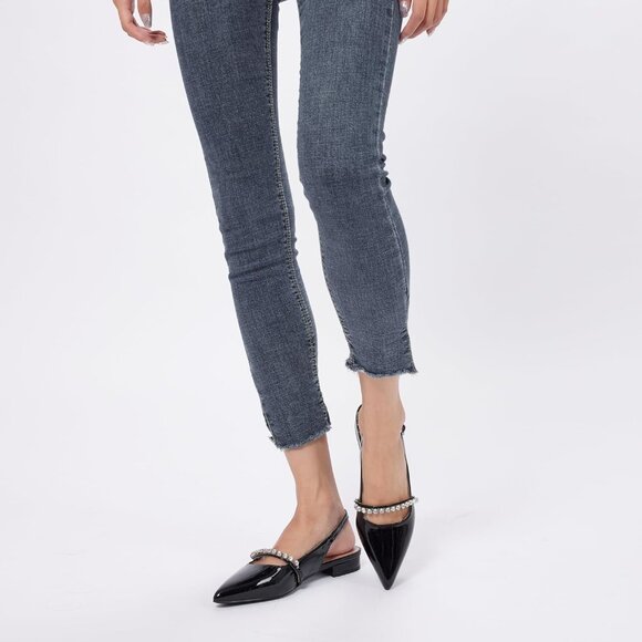 WomenBlack Patent Polyurethane (PU) Rhinestone Pointed Toe Slingback Flats Shoes - Picture 9 of 9